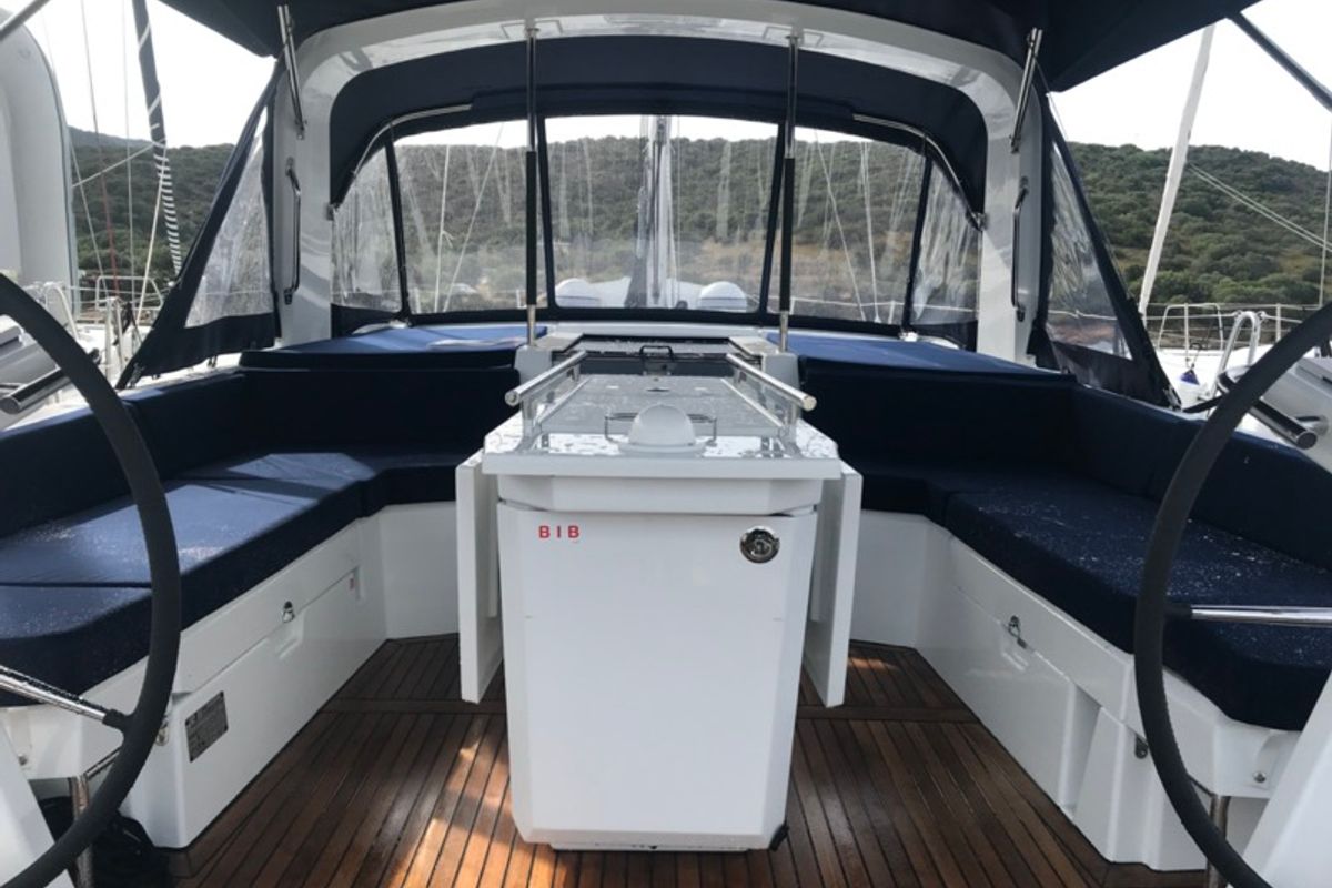 Cockpit of Becrux, a Beneteau Oceanis 46.1 sailboat at Tonnarella, Italy