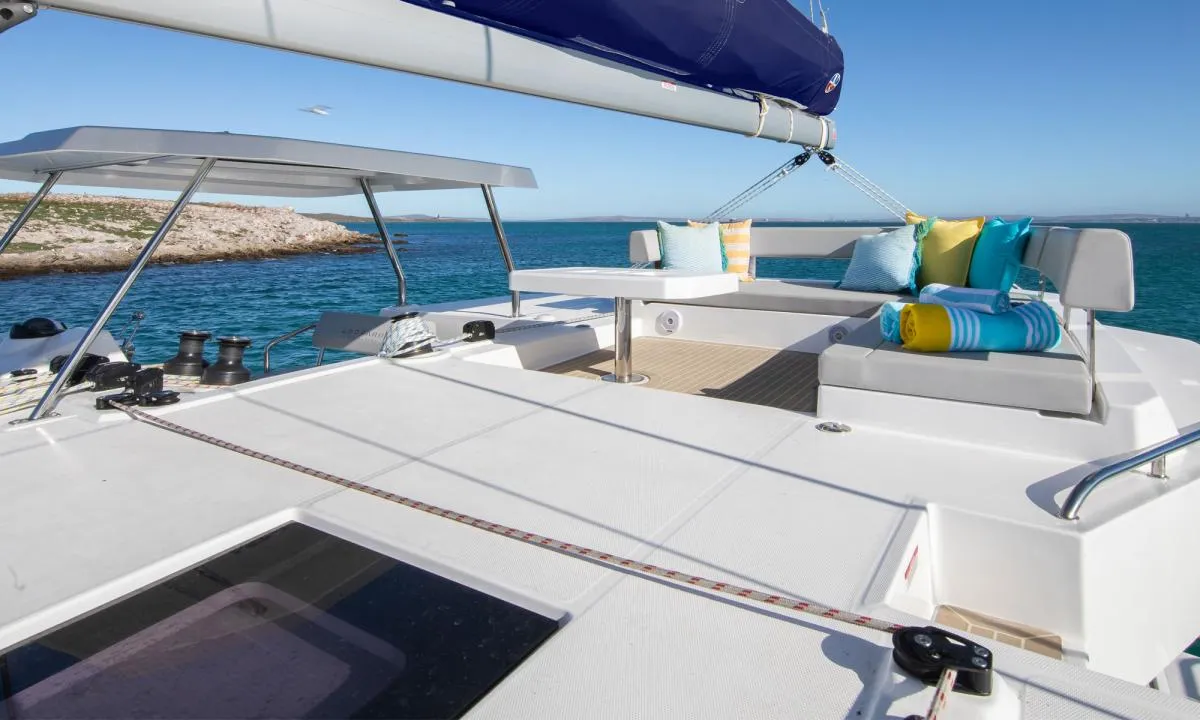 Deck of Moorings 4200/3/3 Club, a Leopard 42 catamaran at Grand Anse, Grenada