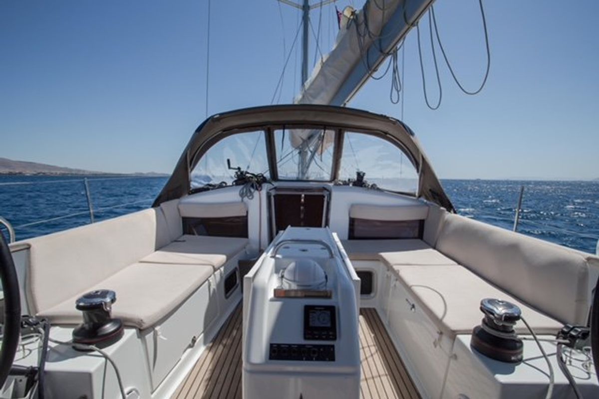 Cockpit of Deep Water, a Jeanneau Sun Odyssey 440 sailboat at Athens, Greece