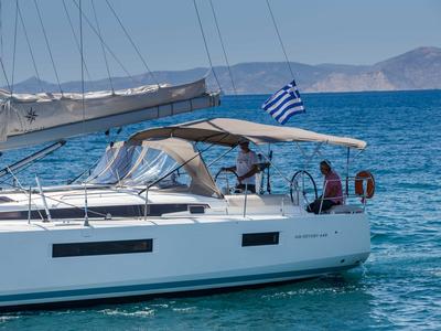 Deck of Deep Water, a Jeanneau Sun Odyssey 440 sailboat at Athens, Greece