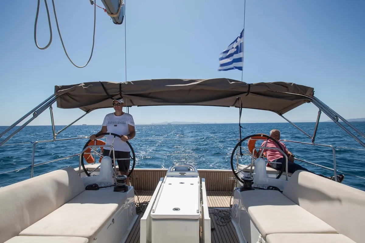 Cockpit of Deep Water, a Jeanneau Sun Odyssey 440 sailboat at Athens, Greece