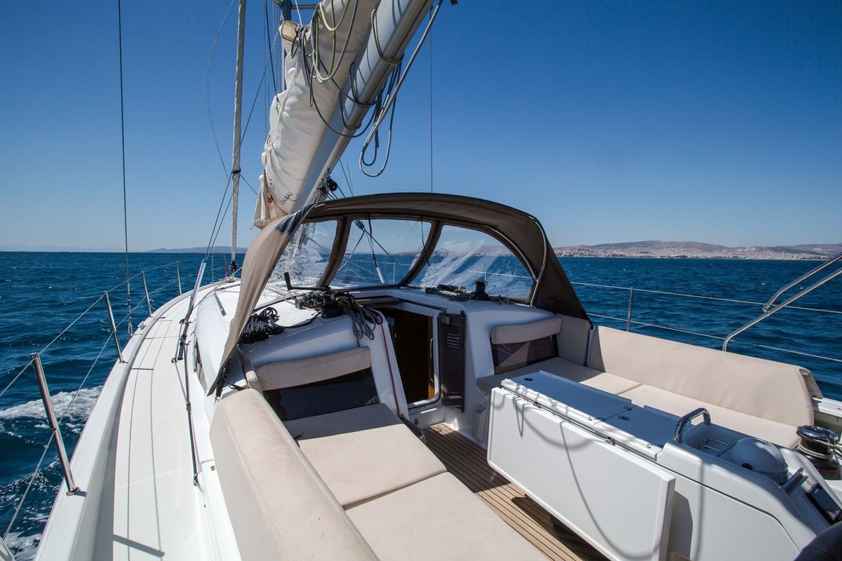 Deck of Deep Water, a Jeanneau Sun Odyssey 440 sailboat at Athens, Greece