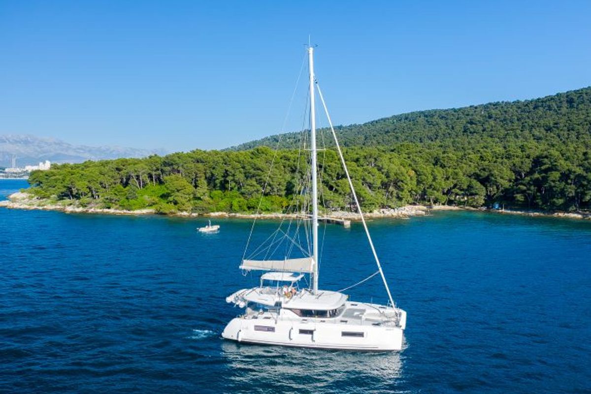Exterior view of ADRION, a Lagoon 46 catamaran at Grad Kaštela, Croatia