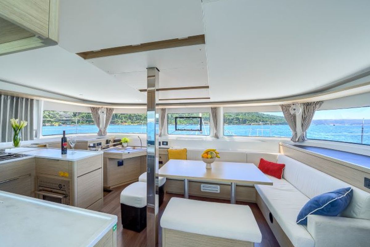Salon of ADRION, a Lagoon 46 catamaran at Grad Kaštela, Croatia