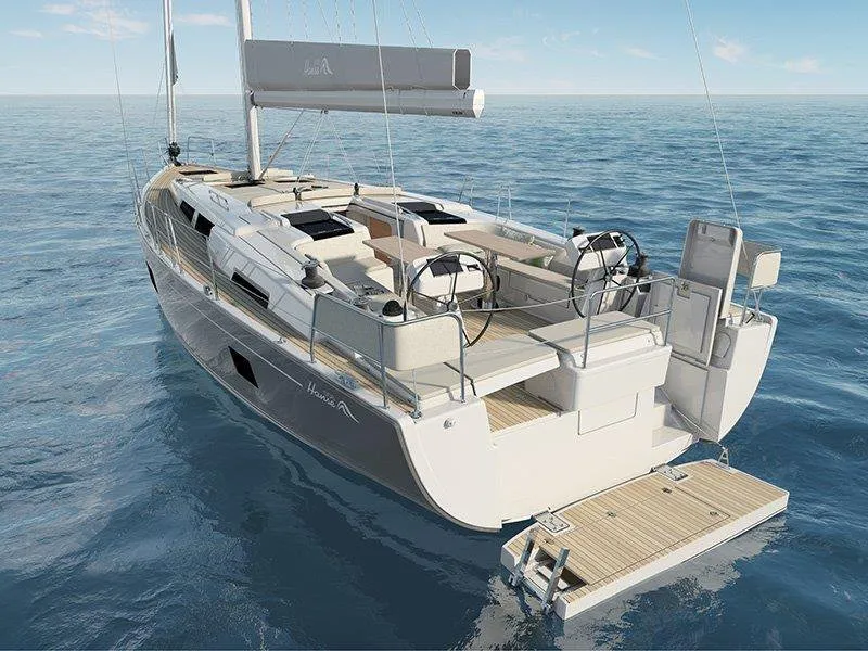 Exterior view of Alian, a Hanse Yachts Hanse 508 sailboat at Grad Šibenik, Croatia