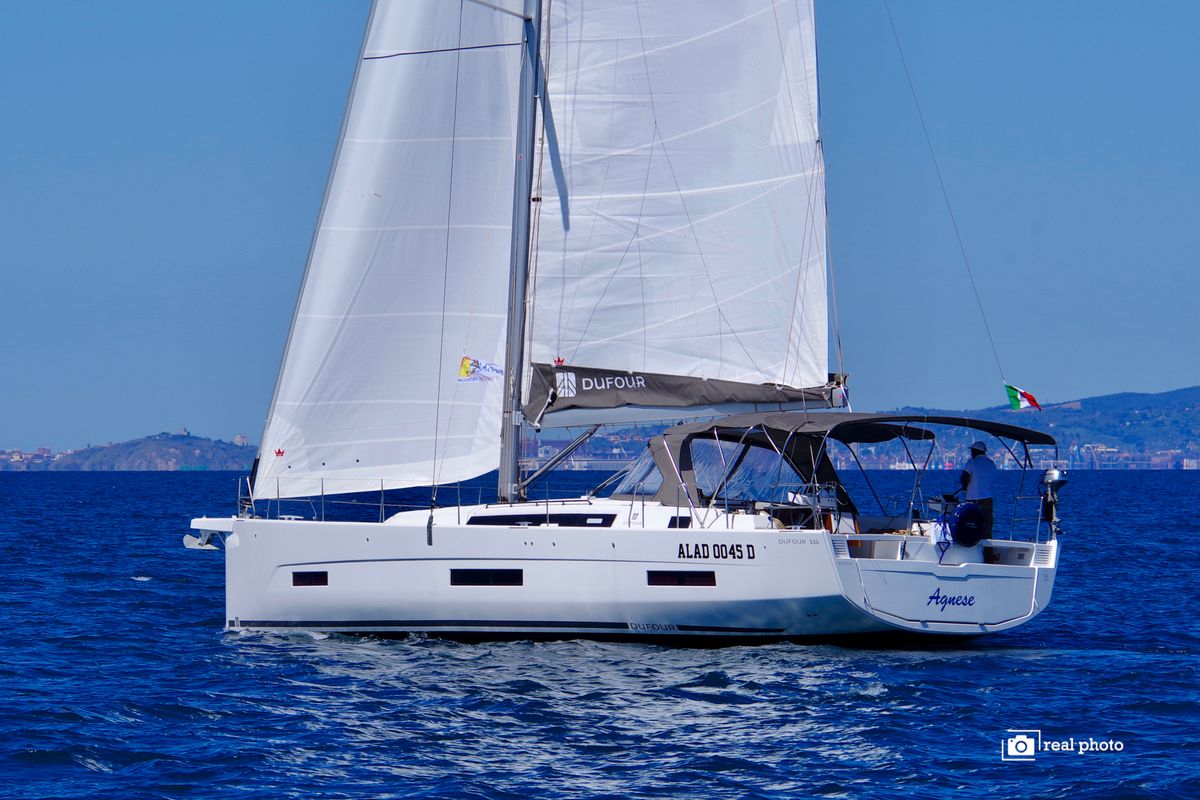 Exterior view of Agnese, a Dufour 530 sailboat at Puntone di Scarlino, Italy