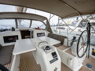 Cockpit of Della Grazia, a Jeanneau Sun Odyssey 410 sailboat at Lavreotiki Municipal Unit, Greece