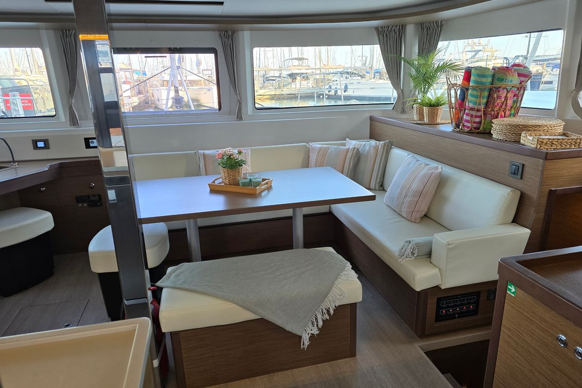 Salon of InnPro, a Lagoon 46 catamaran at Palma de Mallorca, Spain