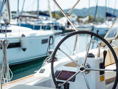 Cockpit of Gabri, a Beneteau Oceanis 38 sailboat at Olbia, Italy