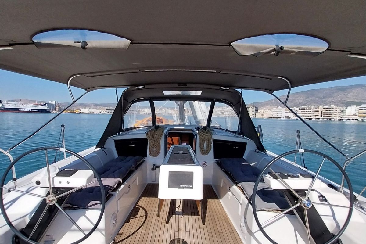 Cockpit of Penelope, a Dufour 43 sailboat at Volos Municipality, Greece