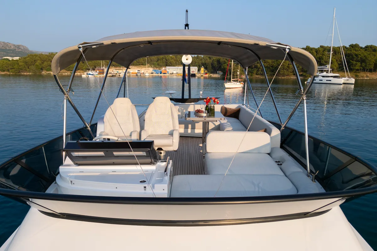 Deck of Felicita, a Azimut S7 yacht at Grad Šibenik, Croatia