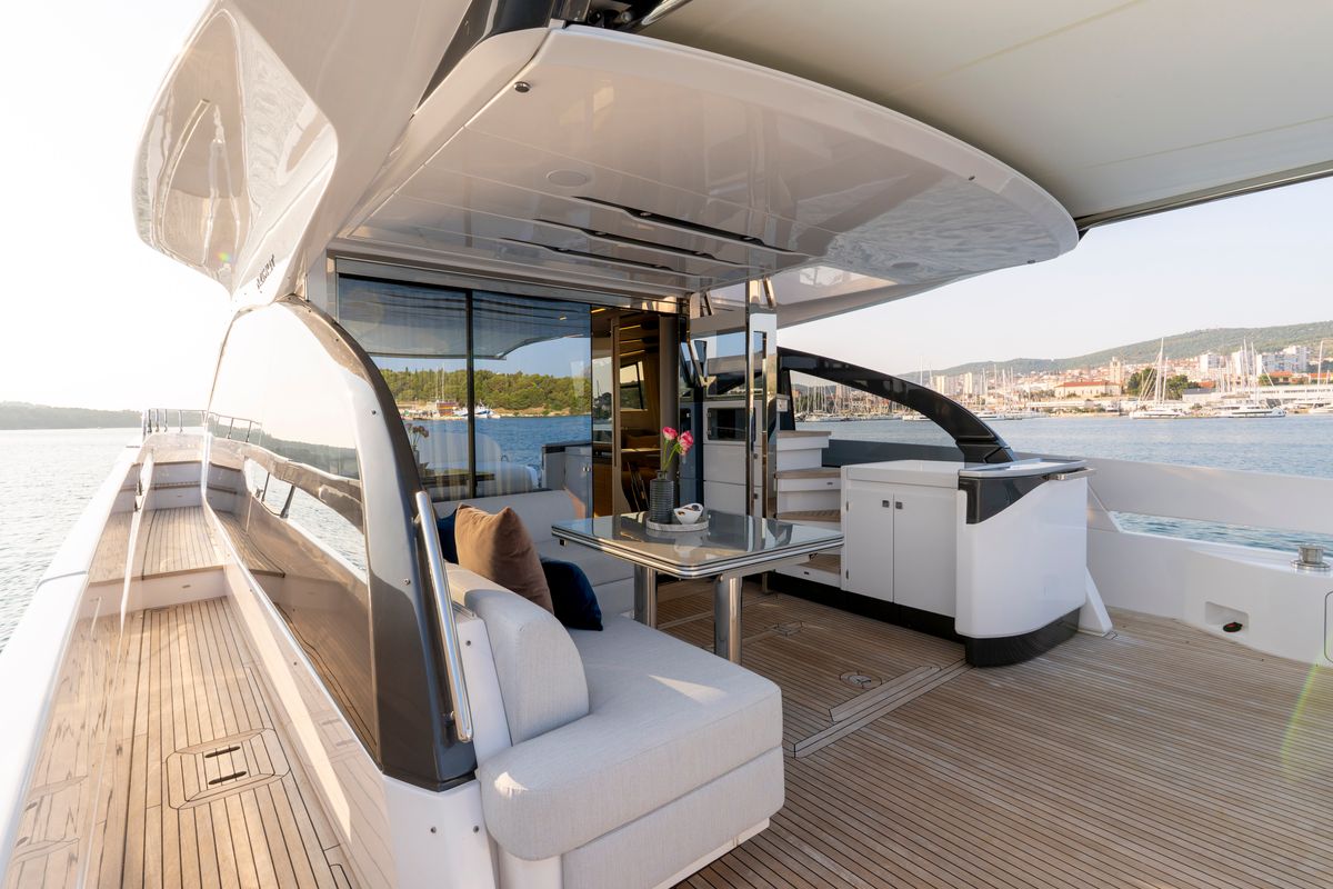Deck of Felicita, a Azimut S7 yacht at Grad Šibenik, Croatia