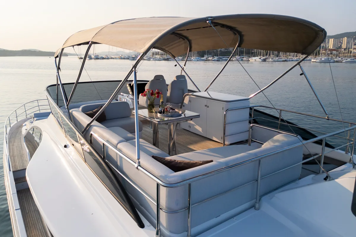 Deck of Felicita, a Azimut S7 yacht at Grad Šibenik, Croatia