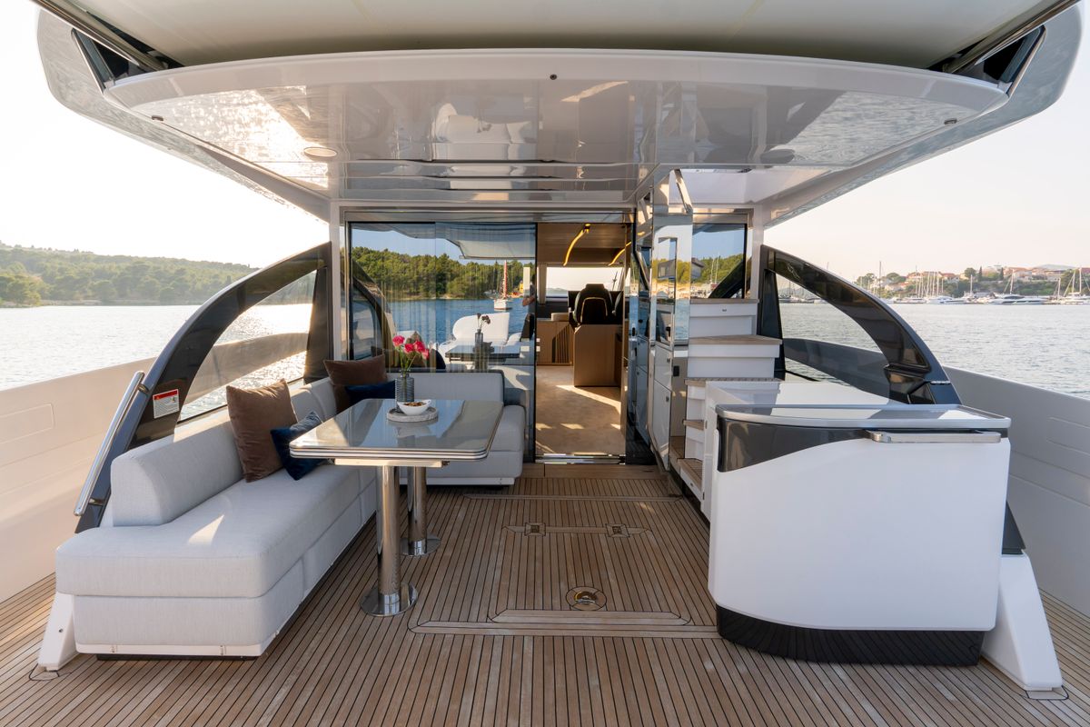 Deck of Felicita, a Azimut S7 yacht at Grad Šibenik, Croatia
