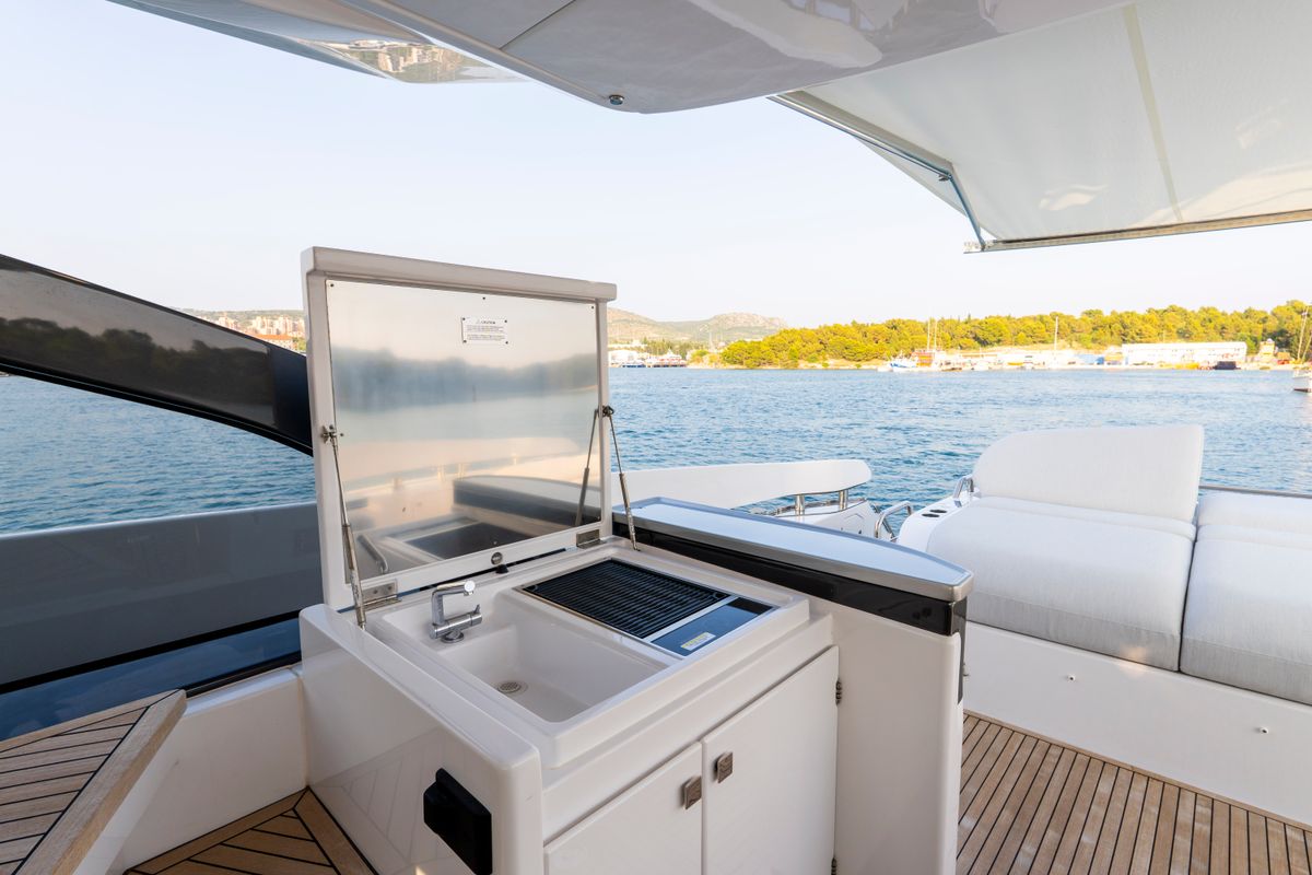 Deck of Felicita, a Azimut S7 yacht at Grad Šibenik, Croatia