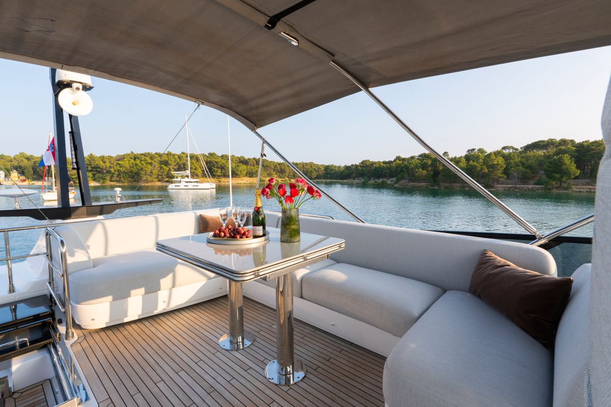 Deck of Felicita, a Azimut S7 yacht at Grad Šibenik, Croatia