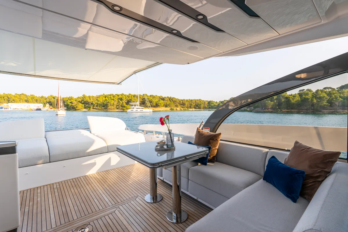 Deck of Felicita, a Azimut S7 yacht at Grad Šibenik, Croatia