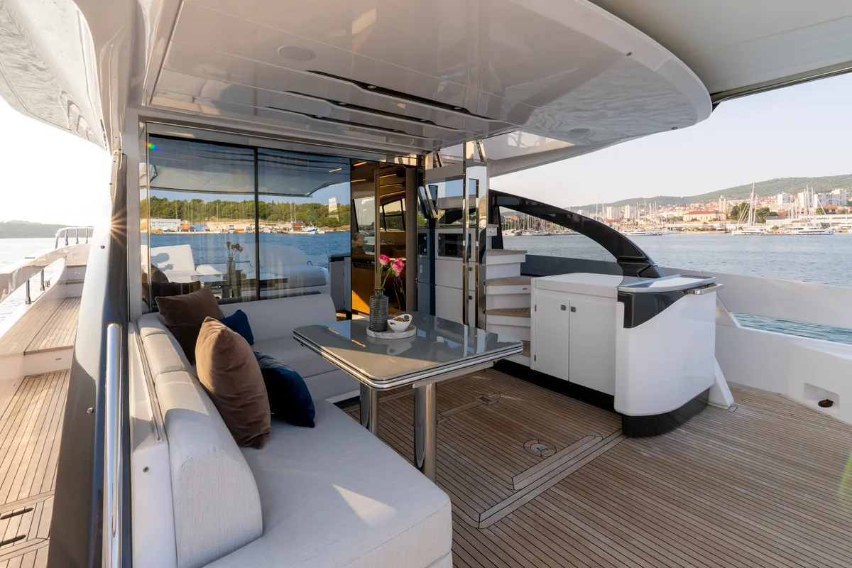 Deck of Felicita, a Azimut S7 yacht at Grad Šibenik, Croatia