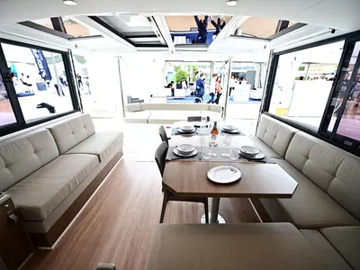 Salon of Archè, a Bali 4.4 catamaran at Salerno, Italy
