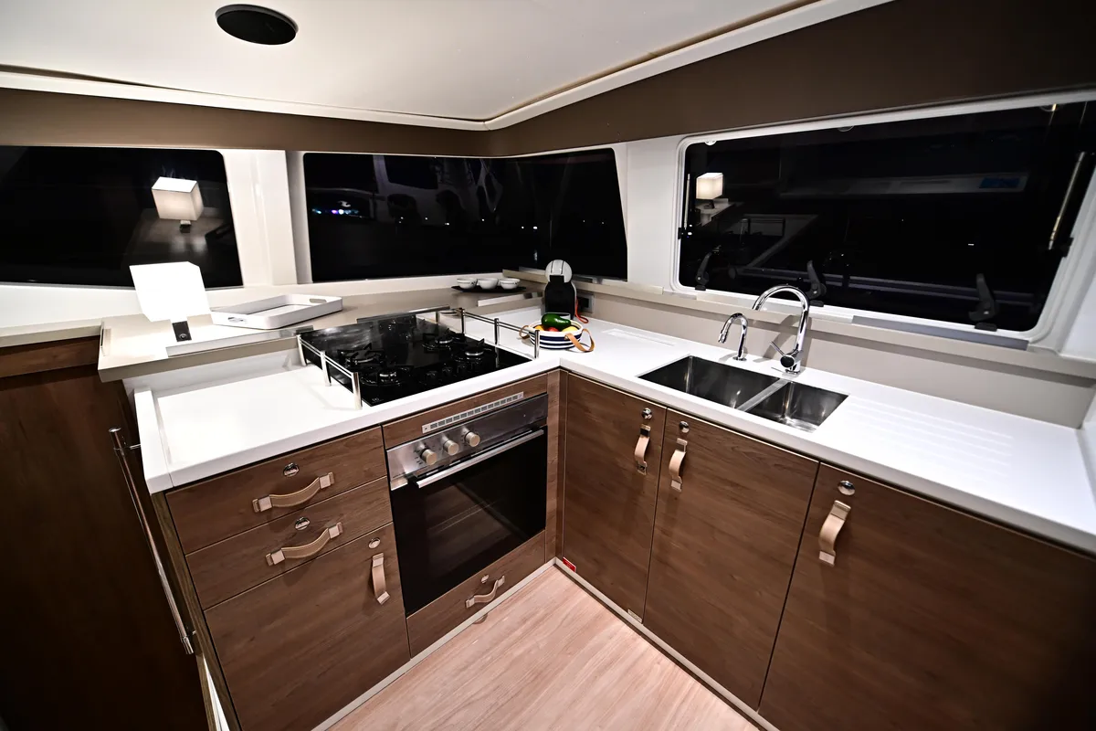 Deck of Archè, a Bali 4.4 catamaran at Salerno, Italy