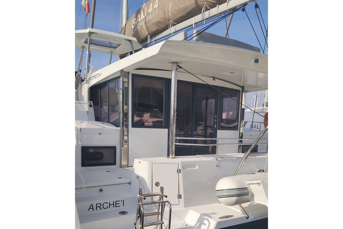 Exterior view of Archè, a Bali 4.4 catamaran at Salerno, Italy