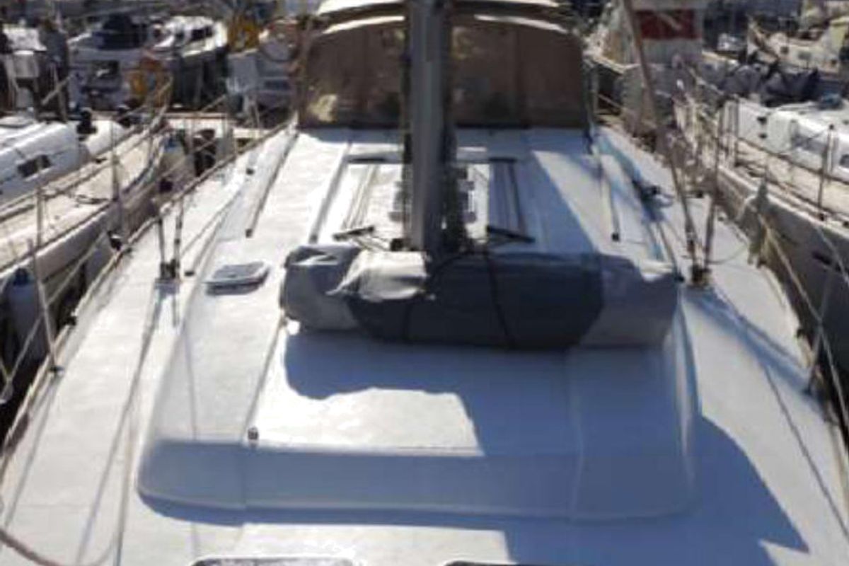 Deck of Oscar Time, a Dufour 450 Grand Large sailboat at Kalkara, Malta