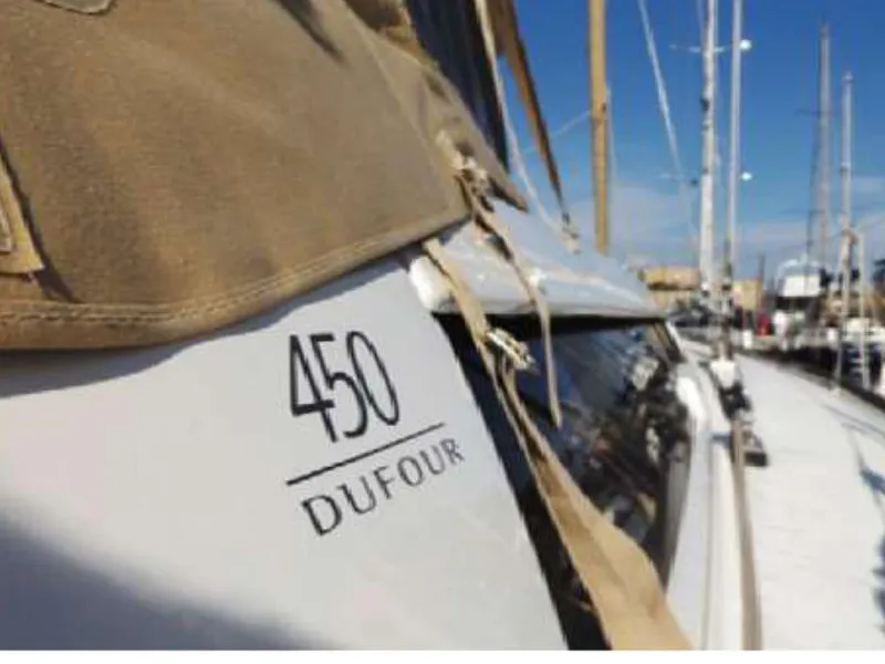 Exterior view of Oscar Time, a Dufour 450 Grand Large sailboat at Kalkara, Malta