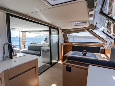 Salon of Somi, a Nautitech 40 catamaran at Lavreotiki Municipal Unit, Greece