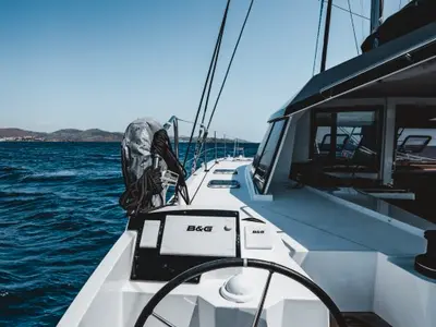 Cockpit of Somi, a Nautitech 40 catamaran at Lavreotiki Municipal Unit, Greece