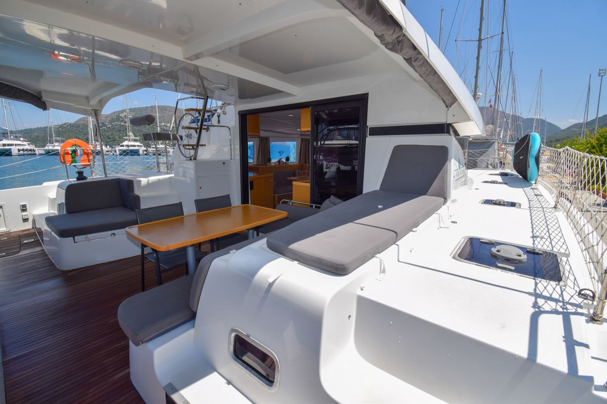 Deck of Bige, a Lagoon 42 catamaran at Marmaris, Turkey