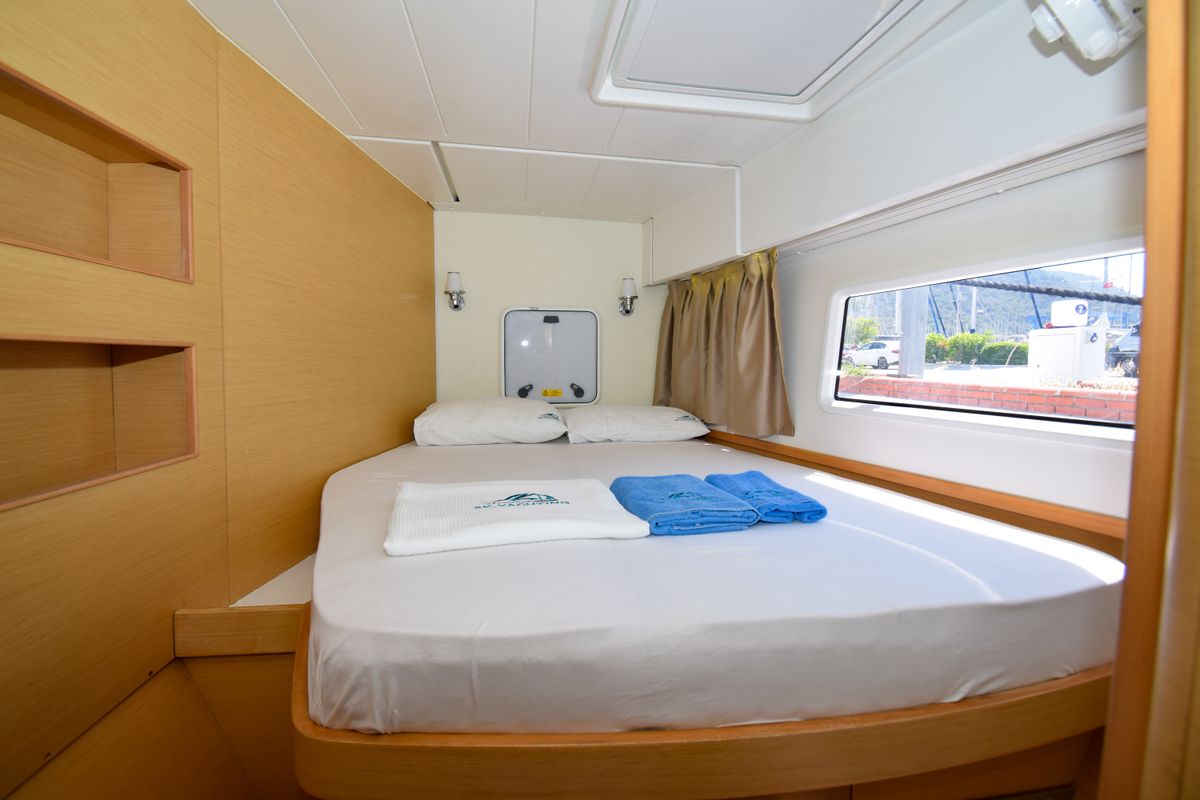 Cabin on Bige, a Lagoon 42 catamaran at Marmaris, Turkey