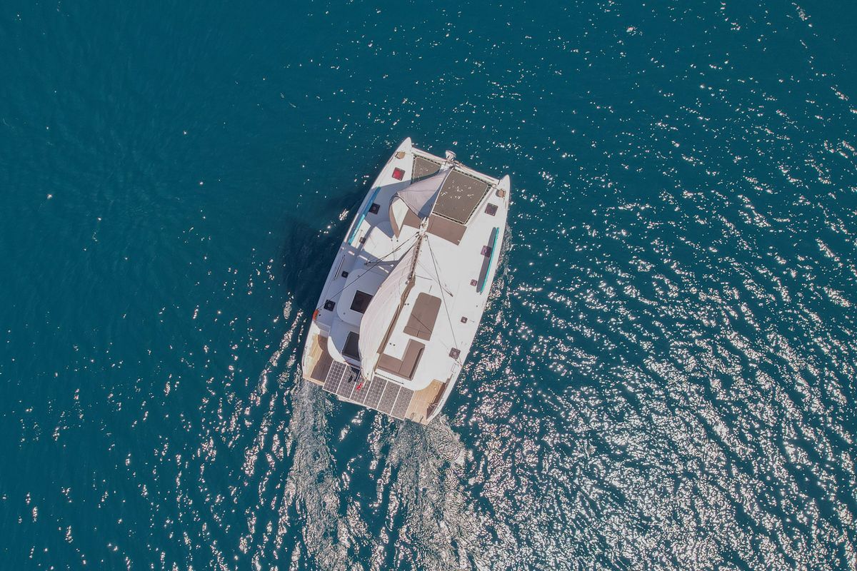 Exterior view of Bige, a Lagoon 42 catamaran at Marmaris, Turkey
