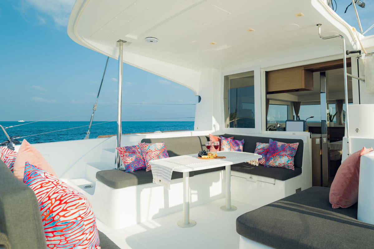 Deck of Sail La Vie, a Lagoon 40 catamaran at Malé, Maldives