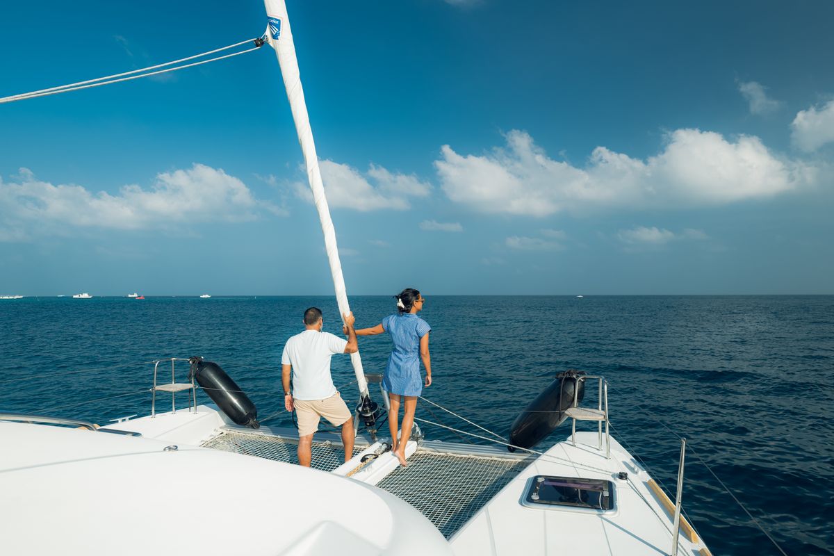 Deck of Sail La Vie, a Lagoon 40 catamaran at Malé, Maldives