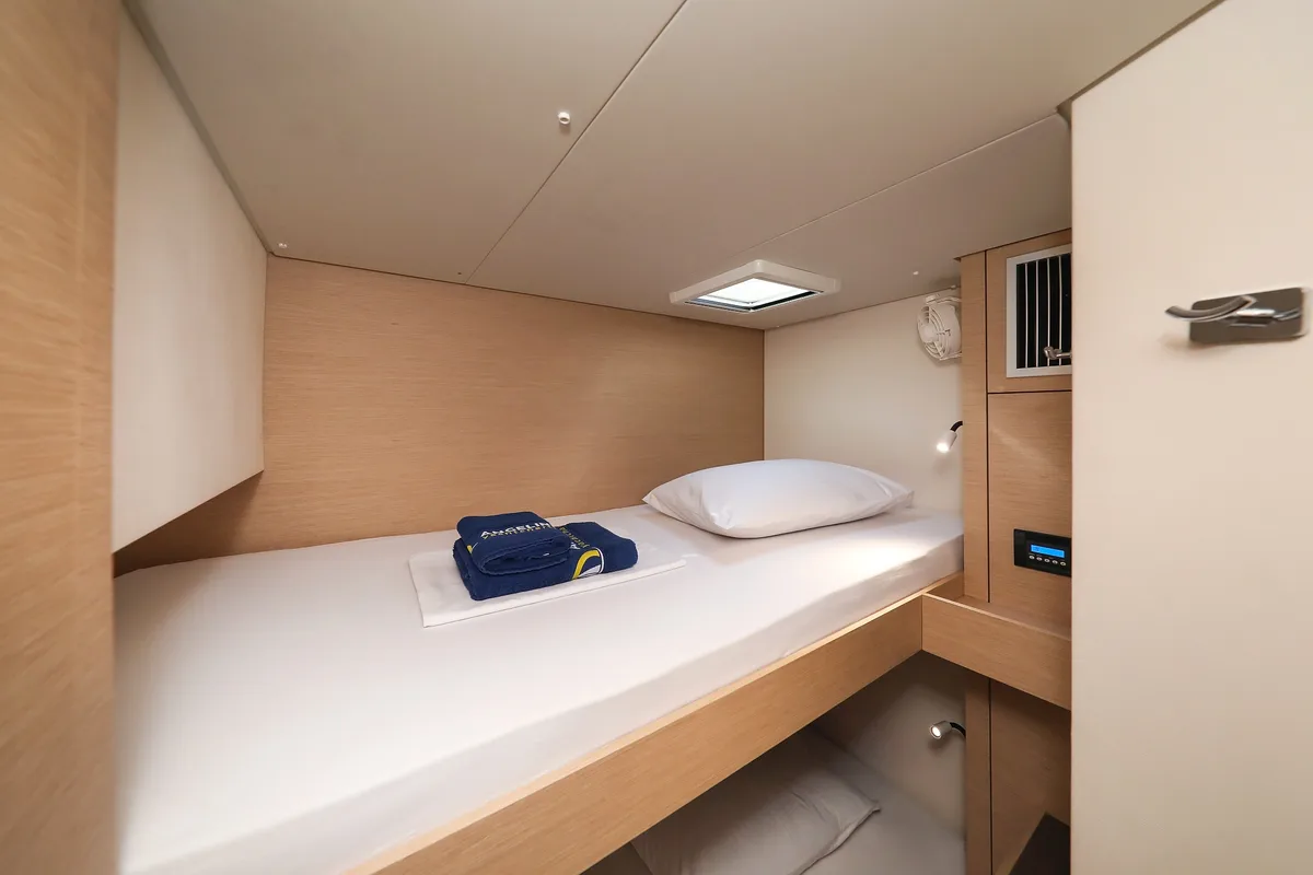 Cabin on Nina V, a Fountaine Pajot Saona 47 Quintet catamaran at Grad Trogir, Croatia