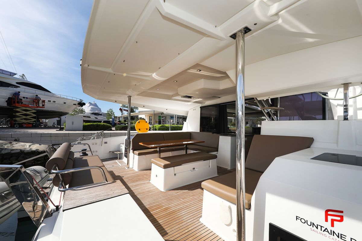 Deck of Nina V, a Fountaine Pajot Saona 47 Quintet catamaran at Grad Trogir, Croatia