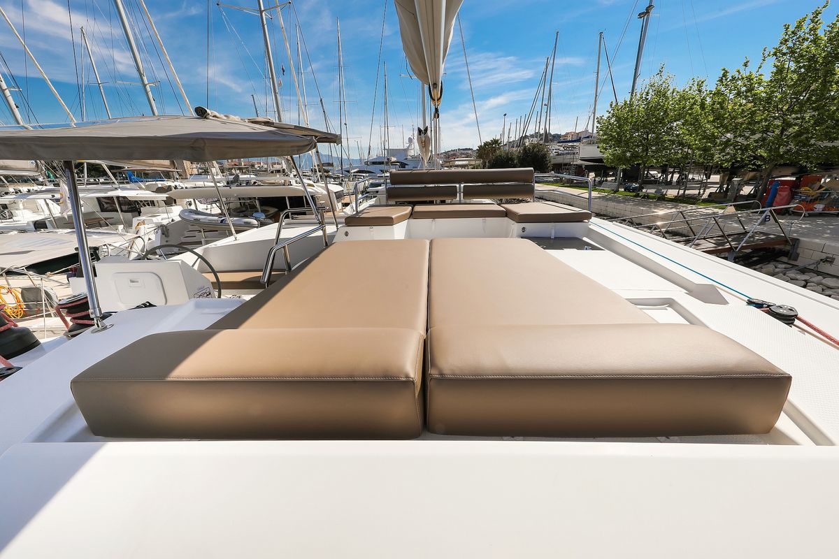 Deck of Nina V, a Fountaine Pajot Saona 47 Quintet catamaran at Grad Trogir, Croatia