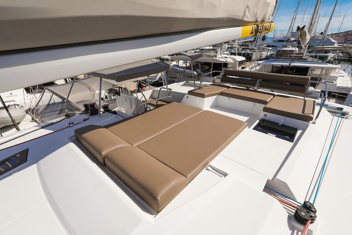 Deck of Nina V, a Fountaine Pajot Saona 47 Quintet catamaran at Grad Trogir, Croatia