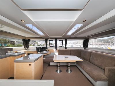Salon of Nina V, a Fountaine Pajot Saona 47 Quintet catamaran at Grad Trogir, Croatia