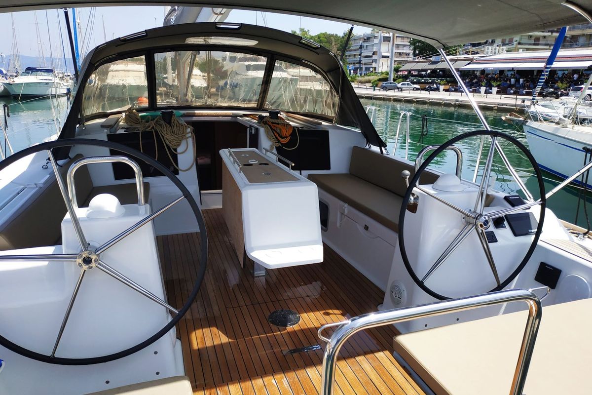 Cockpit of Joanne, a Dufour 460 GL sailboat at Municipal Unit of Lefkada, Greece