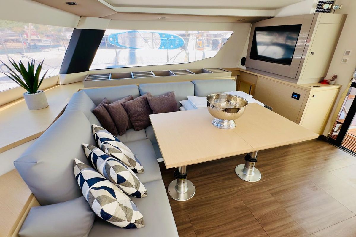 Salon of Franco Nero, a Fountaine Pajot Saba 50 catamaran at Primošten, Croatia