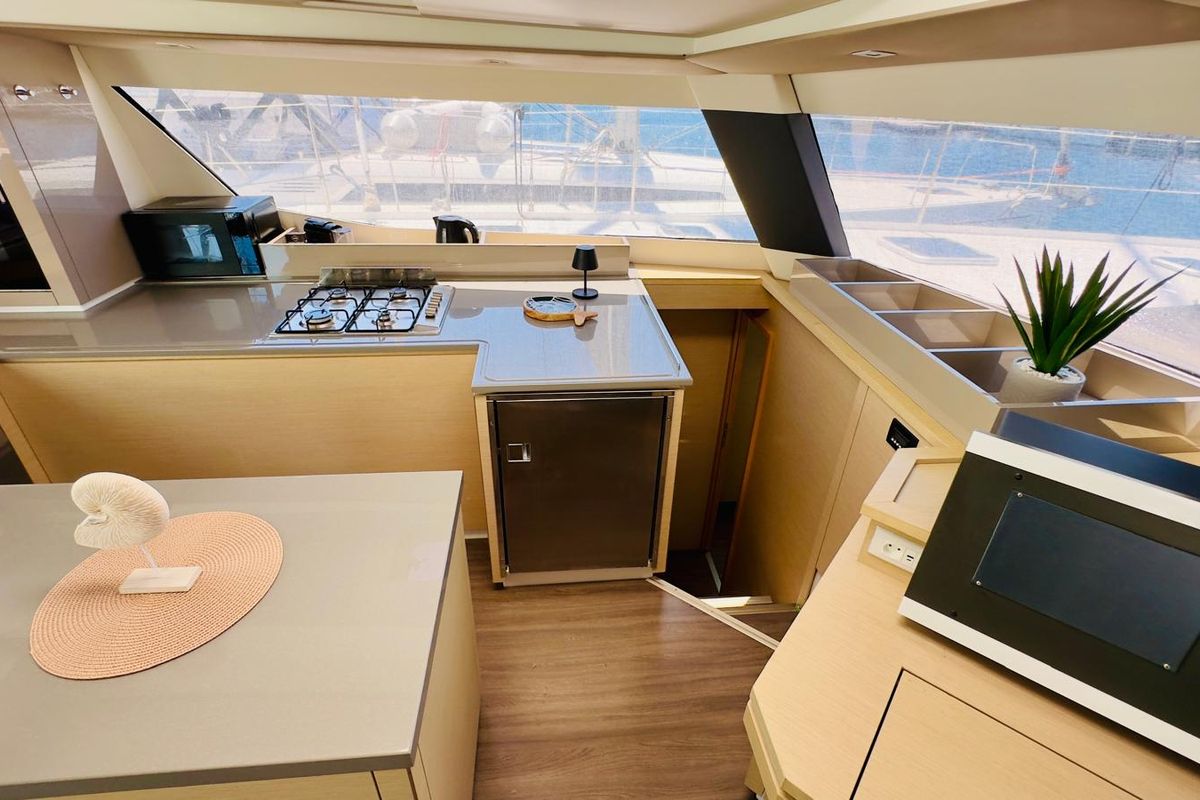 Galley of Franco Nero, a Fountaine Pajot Saba 50 catamaran at Primošten, Croatia