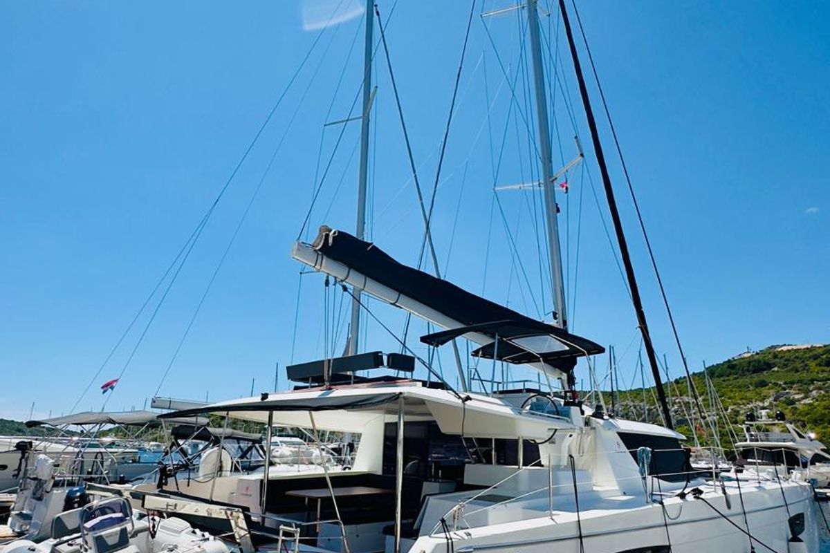 Exterior view of Franco Nero, a Fountaine Pajot Saba 50 catamaran at Primošten, Croatia