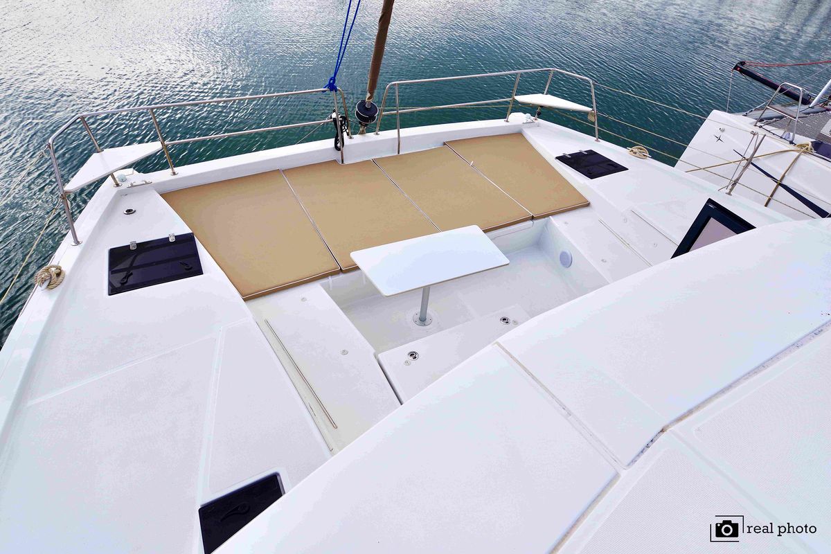 Deck of Ferdi, a Bali 4.2 catamaran at Castellammare di Stabia, Italy