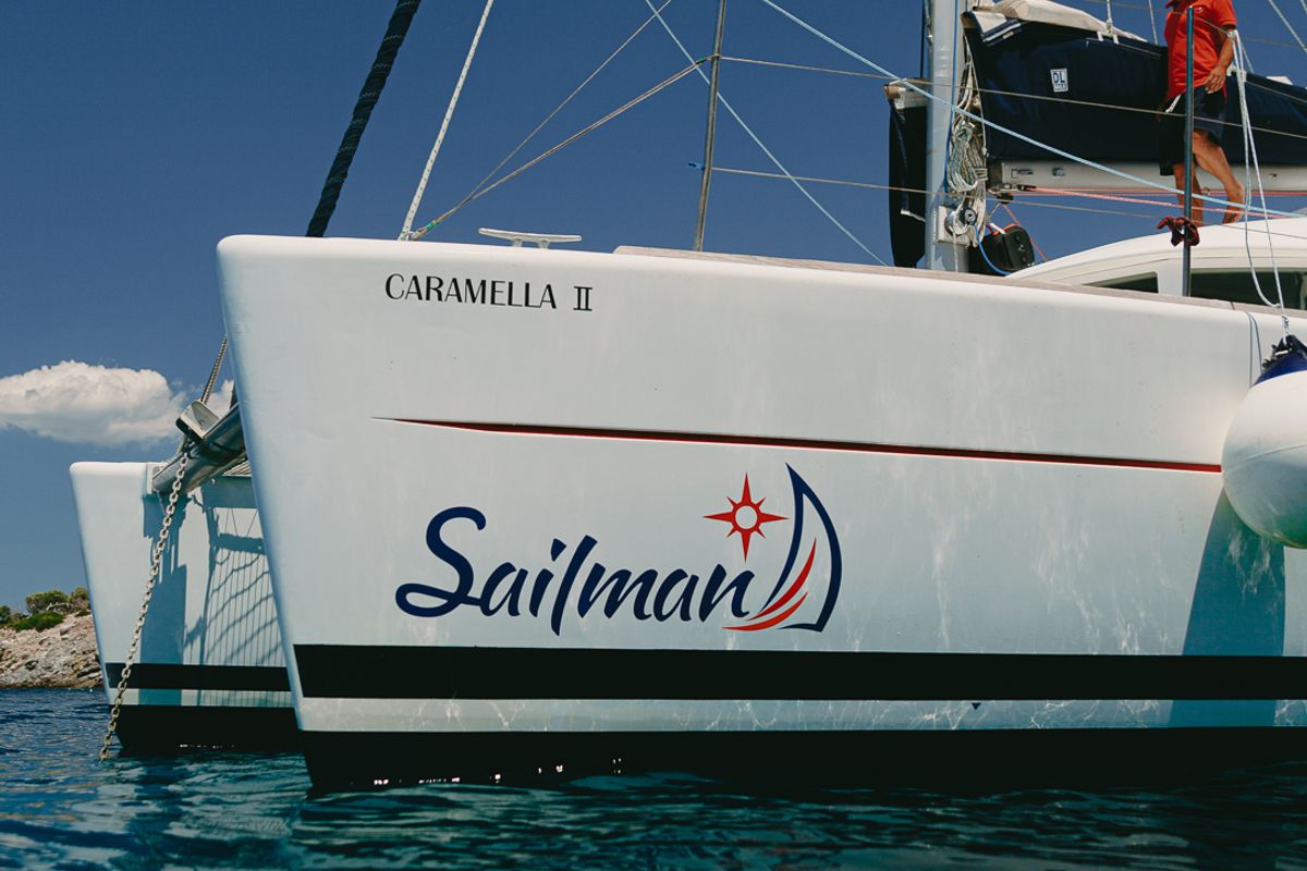 Exterior view of Karamela, a Lagoon 380 catamaran at Sithonia Municipal Unit, Greece