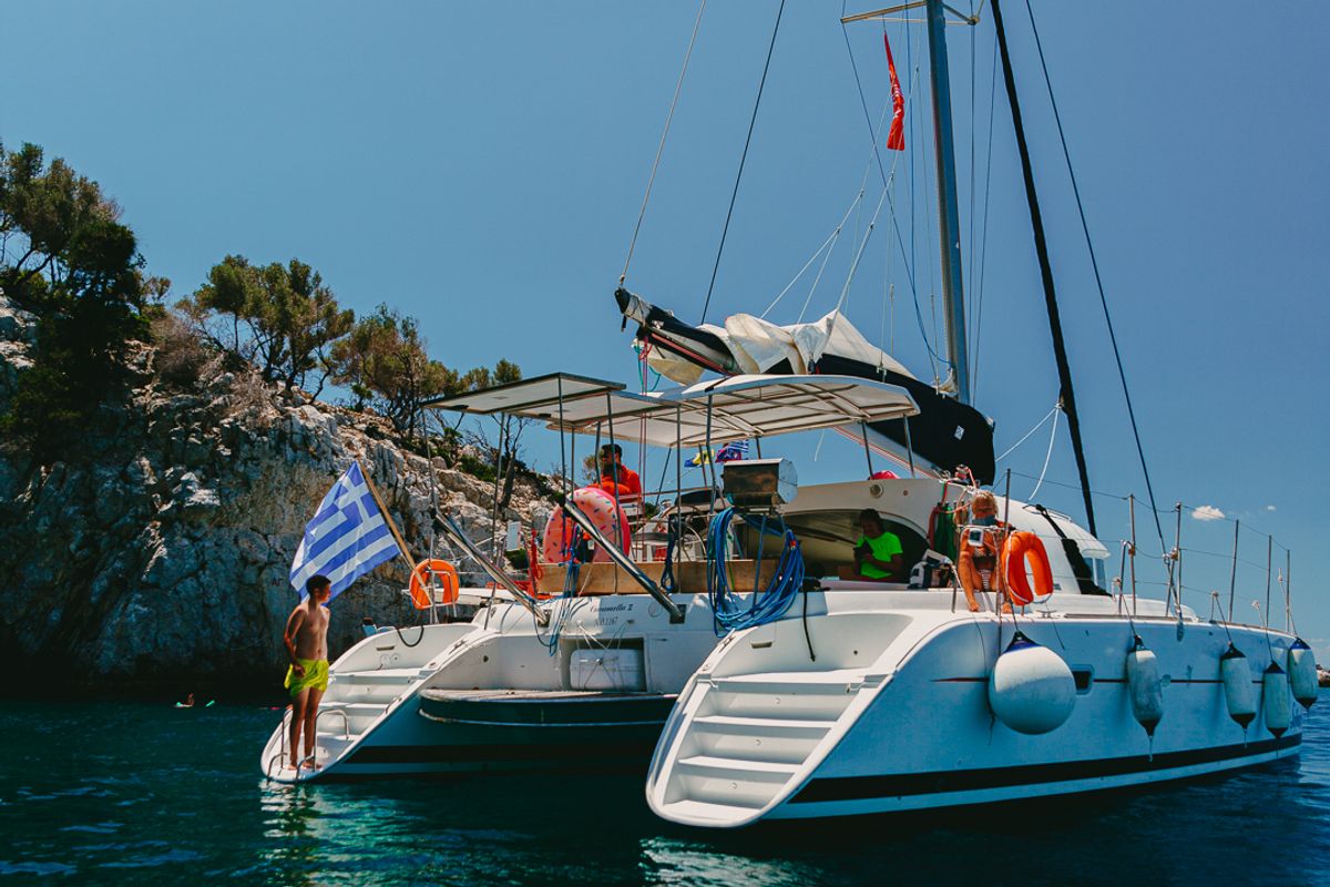 Exterior view of Karamela, a Lagoon 380 catamaran at Sithonia Municipal Unit, Greece