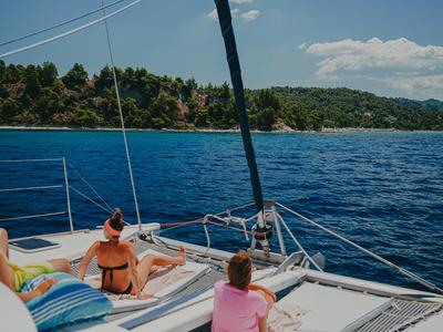 Deck of Karamela, a Lagoon 380 catamaran at Sithonia Municipal Unit, Greece