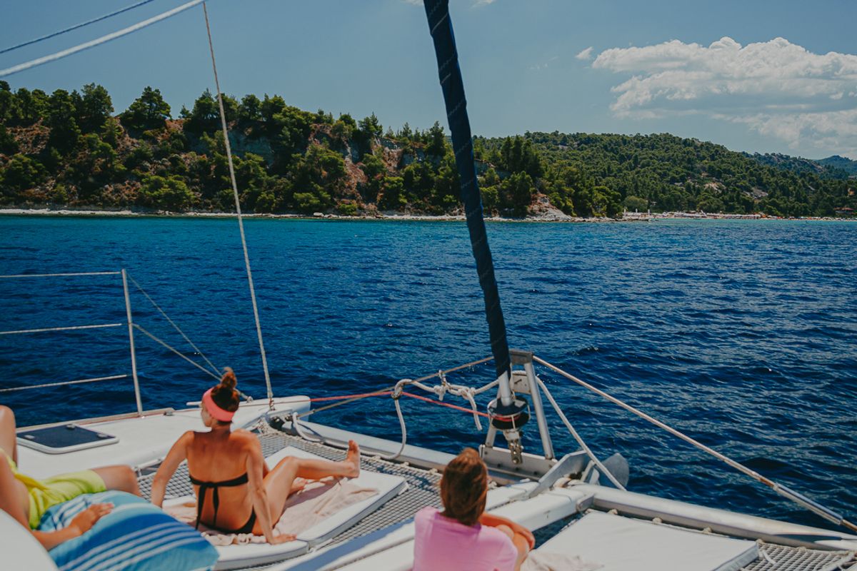 Deck of Karamela, a Lagoon 380 catamaran at Sithonia Municipal Unit, Greece