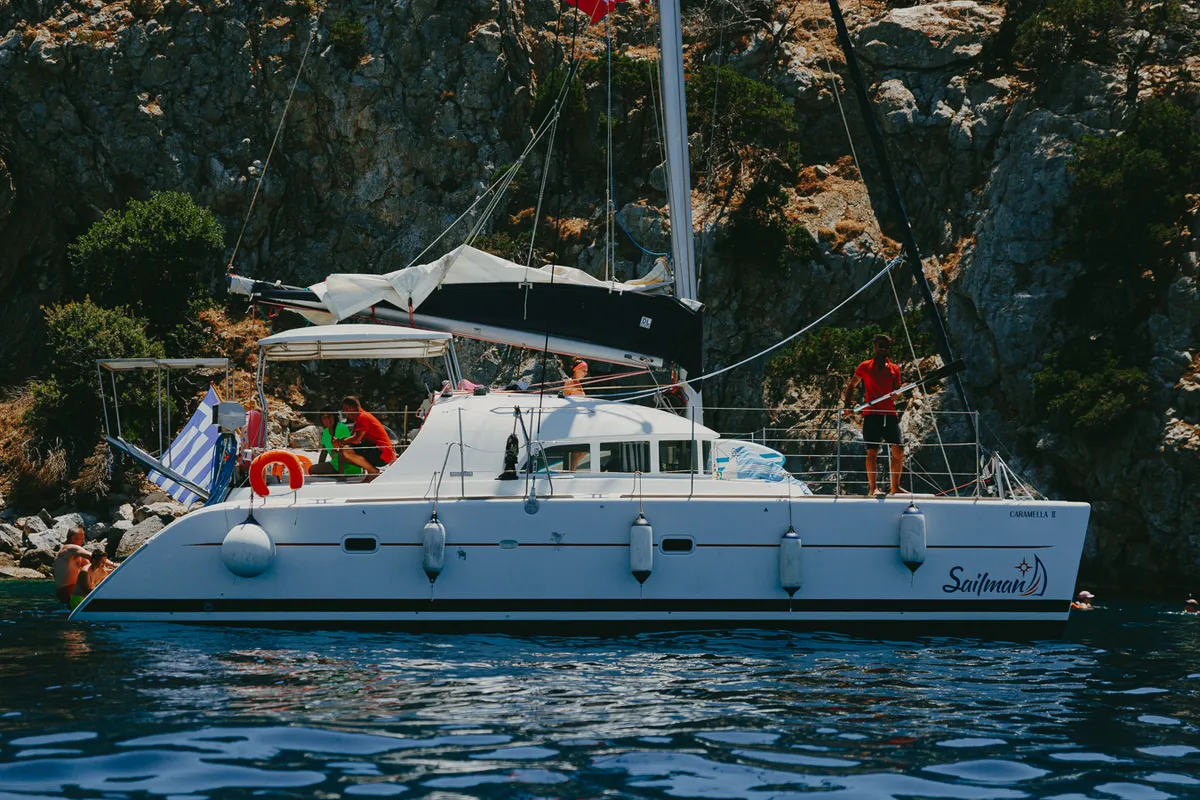 Exterior view of Karamela, a Lagoon 380 catamaran at Sithonia Municipal Unit, Greece