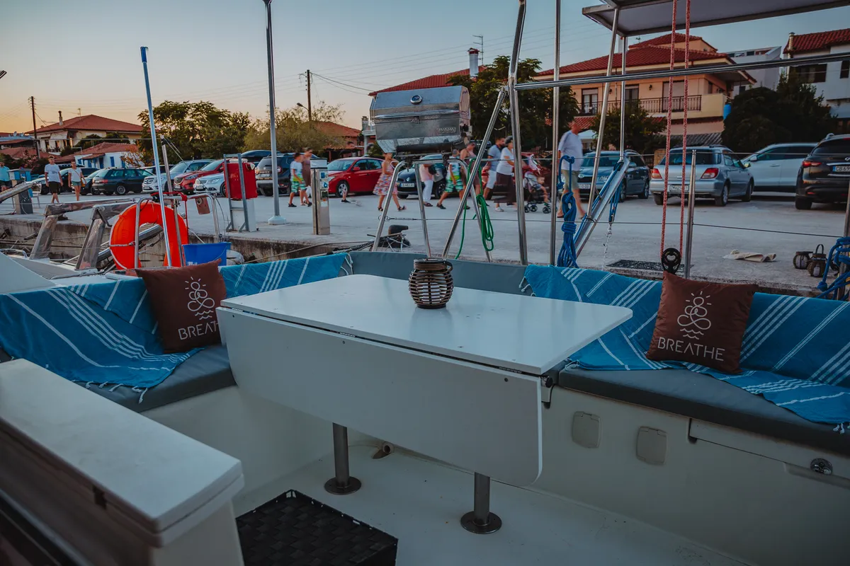 Deck of Karamela, a Lagoon 380 catamaran at Sithonia Municipal Unit, Greece